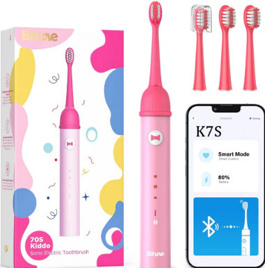 Bitvae BV K7S Ultrasonic Pink and Blue Electric Toothbrush for Kids with 4 Heads